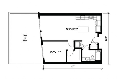 Floor plan for 1 bed, 1 bath, 687 sqft